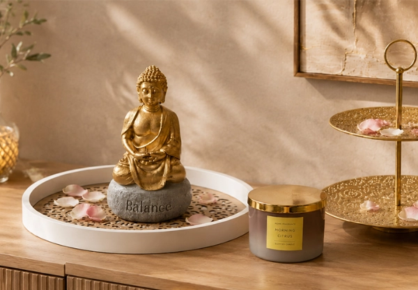 Goldene Buddha‑Figur auf einem „Balance“-Stein, daneben ein goldenes Stufentablett mit Blütenblättern sowie eine Duftkerze „Morning Citrus“ auf einem Holzschrank.