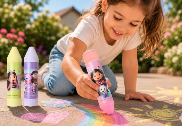 Disney Straßenmalkreide für kreativen Spielspaß im Freien Mädchen malt mit Disney Straßenmalkreide bunte Motive auf den Boden im Freien – kreativer Malspaß für Kinder
