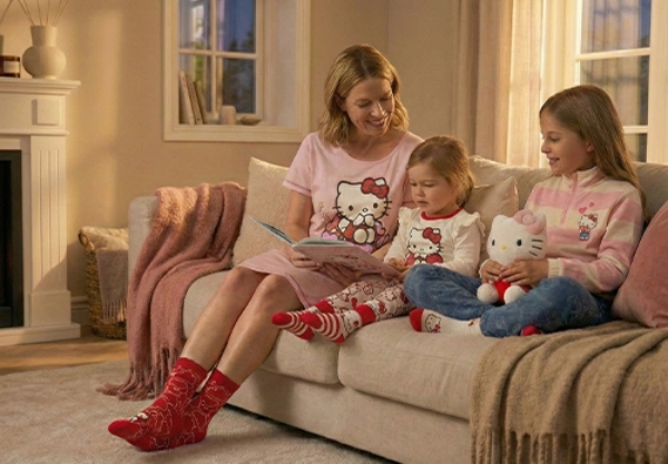 Eine gemütliche Wohnzimmerszene mit drei Personen in Hello Kitty-Pyjamas, die am leuchtenden Kamin lesen, umgeben von warmer Einrichtung.