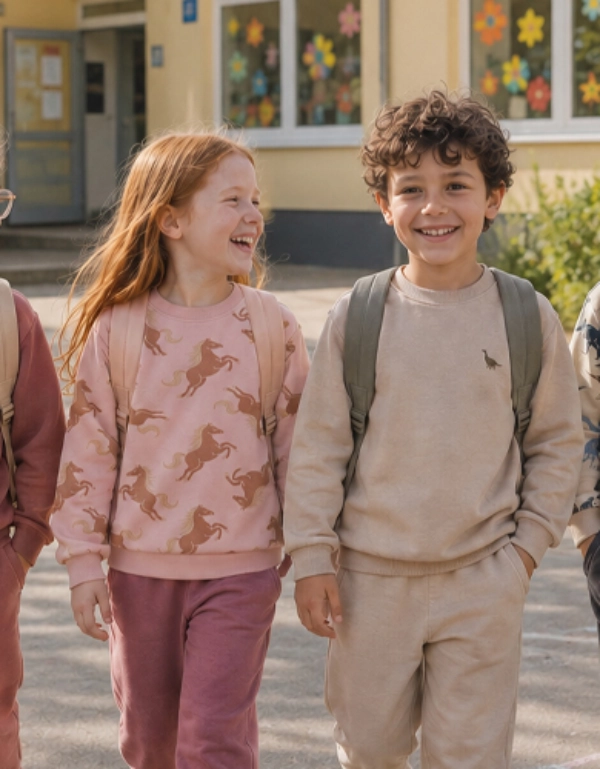 Vier Kinder laufen mit Rucksäcken fröhlich über den Schulhof und tragen bequeme Freizeitoutfits für den Schulalltag.