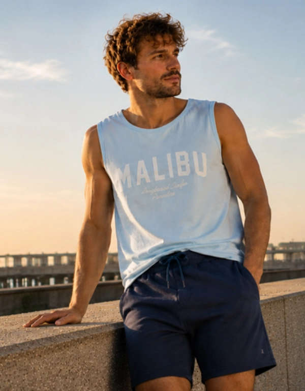 Herren Sommeroutfit mit hellblauem Tanktop und dunkelblauen Shorts an der Strandpromenade bei Sonnenuntergang