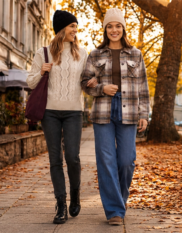 Herbstliche Strick-Outfits für Damen Damen in herbstlichen Strick-Outfits beim Stadtbummel