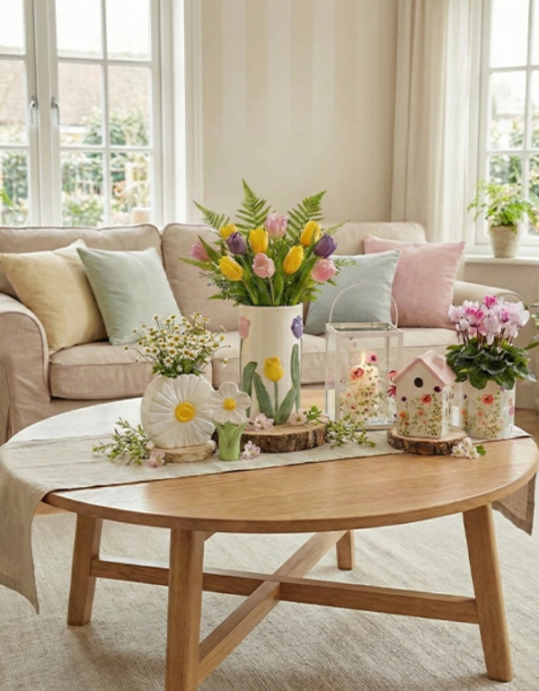Helles Wohnzimmer mit Frühlingsdeko, Sofa, Blumen, Vasen und dekorativen Wohnaccessoires