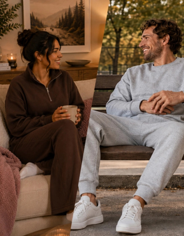 Damen und Herren in gemütlichen Sweat-Outfits in Braun, Grau und Schwarz für entspannte Freizeitlooks