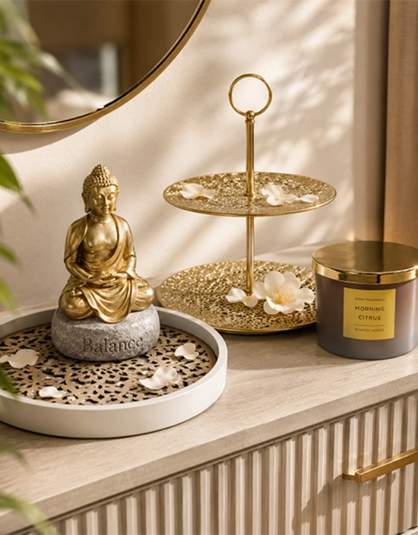 Goldene Buddha‑Figur auf einem „Balance“-Stein, daneben ein goldenes Stufentablett mit Blütenblättern sowie eine Duftkerze „Morning Citrus“ auf einem Holzschrank.