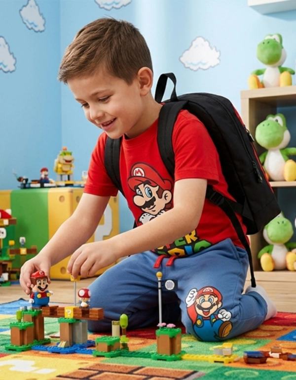 Ein Kind trägt ein Super‑Mario‑Shirt und einen passenden Rucksack und spielt mit Mario‑Spielzeugen auf einer bunten Spielmatte in einem Mario‑dekorierten Zimmer.
