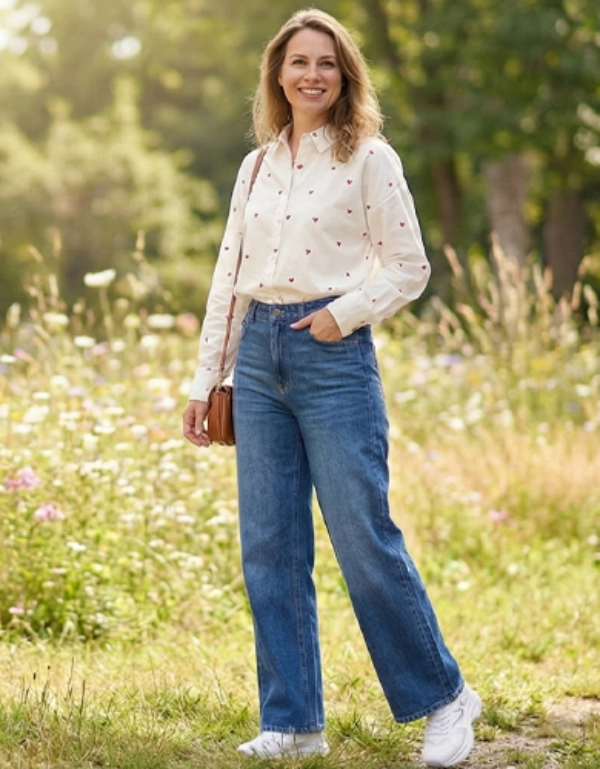 Eine Frau steht auf einem sonnigen Feld, trägt ein weißes Hemd mit Herzen und eine blaue Hose mit weitem Bein und hält eine braune Tasche in der Hand.