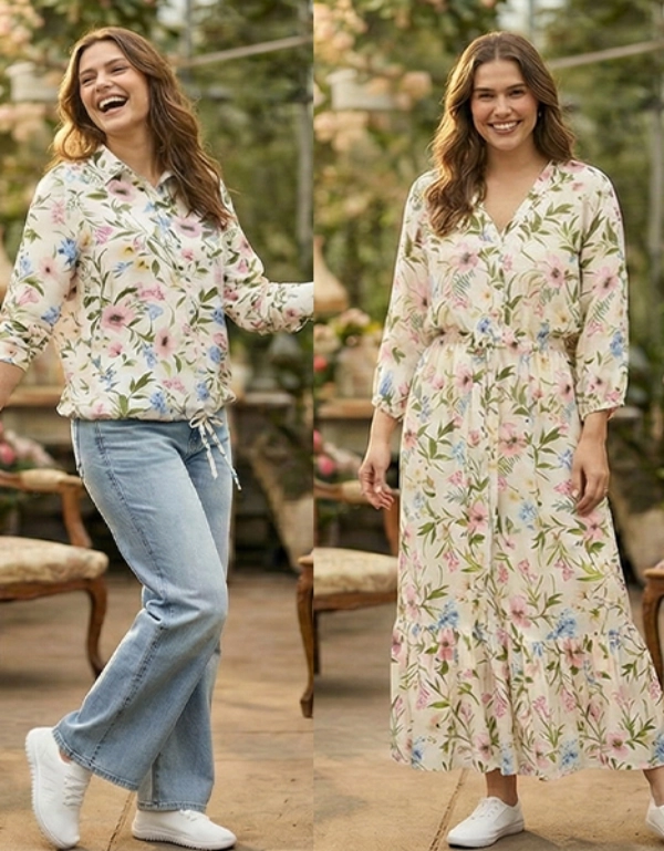 Ein Gewächshaus mit Blumenmotiven, gefüllt mit leuchtenden Blumen, mit einer Person in Freizeitkleidung auf der linken Seite und einem langen Kleid auf der rechten Seite.