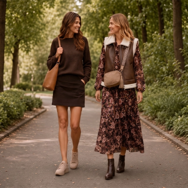 	 Zwei Frauen spazieren in stilvollen Herbst-Outfits durch einen Park mit Strick, Kleid, Weste und Stiefeletten.