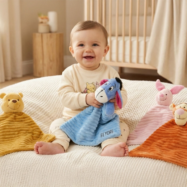 Ein Kind sitzt auf einer kuscheligen Decke, umgeben von bunten Plüschtieren und Decken, die eine warme und verspielte Atmosphäre schaffen.