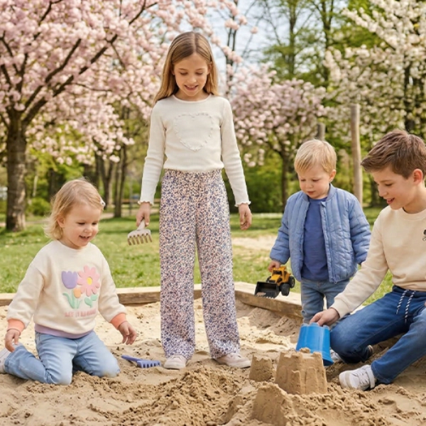 Vier Kinder spielen und bauen Sandburgen in einem Sandkasten unter blühenden Bäumen in einem Park.