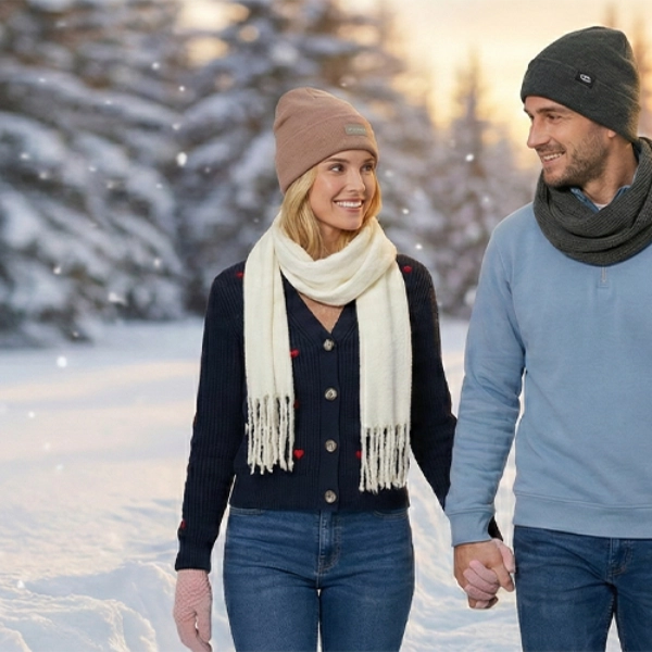 Paar im Winterwald mit Strickmode, Mützen und Schals bei verschneiter Landschaft