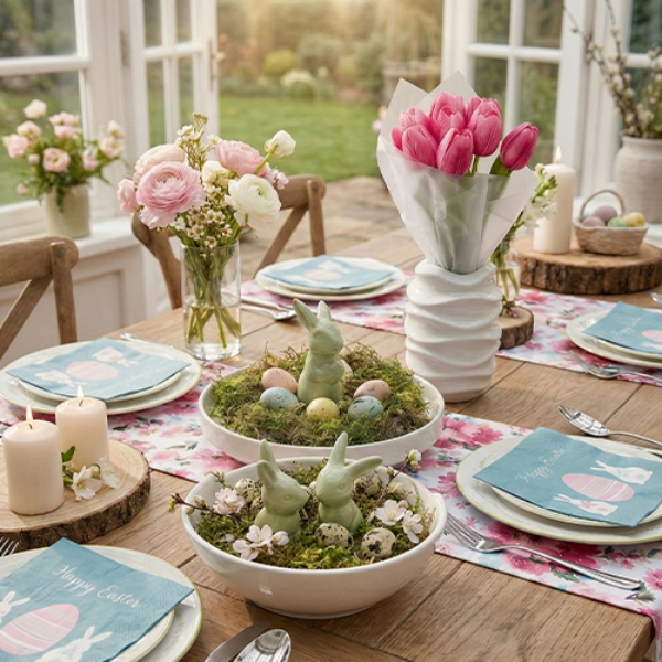 Ein wunderschön gedeckter Esstisch mit Blumenarrangements, Kerzen und pastellfarbener Deko, durchflutet von warmem Sonnenlicht großer Fenster.