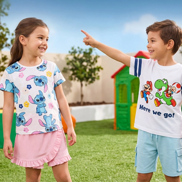 Mädchen und Junge in farbenfrohen Shirts spielen gemeinsam im Park – sommerliche Kindermode für Alltag und Freizeit