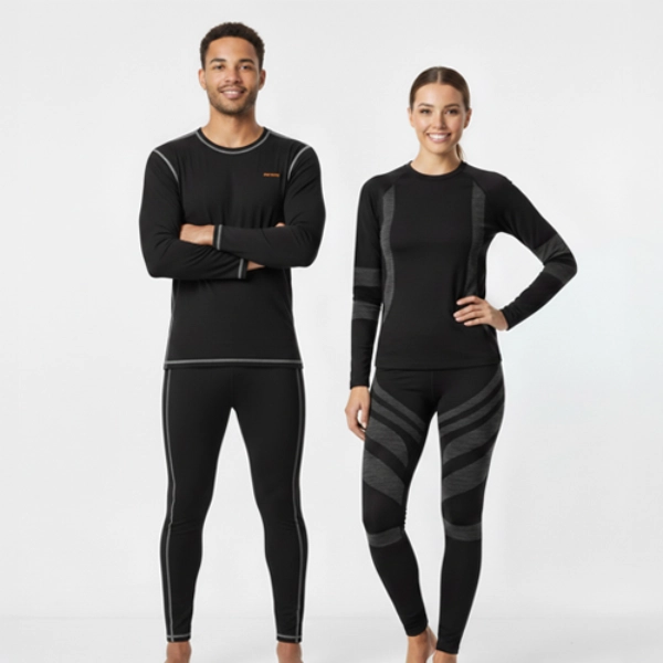 Ein Mann und eine Frau stehen selbstbewusst in passenden schwarzen Sportanzügen vor einem schlichten weißen Hintergrund und präsentieren elegante Designs und bequeme Passformen.