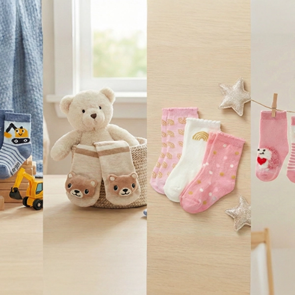Niedliche Babysocken in verschiedenen Designs mit Tiermotiven und Mustern, präsentiert neben einem Teddybären und dekorativen Sternen.