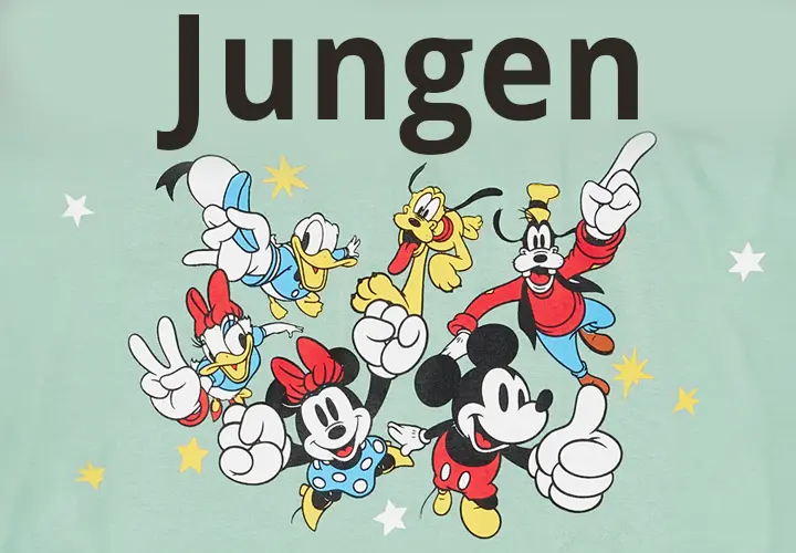 Klassische Disney-Figuren: Mickey, Minnie, Donald, Daisy und Co. lächeln und posieren zusammen.