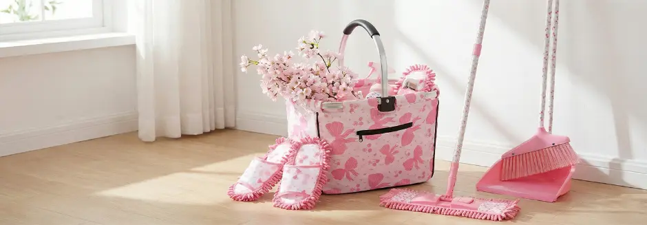Rosafarbenes Reinigungsset mit Mopp, Besen, Kehrschaufel, Putztasche und Putzpantoffeln in einem hellen Raum.