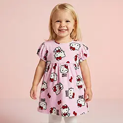 Kleinkind-Mädchen in rosa Kleid mit Tiermotiv vor rosafarbenem Hintergrund.