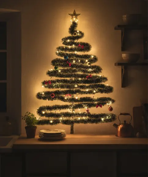 Gemütlich beleuchtete Wanddeko in Form eines Weihnachtsbaums an dunkler Wand, geschmückt mit bunten Ornamenten und umgeben von Küchenaccessoires und Pflanzen.