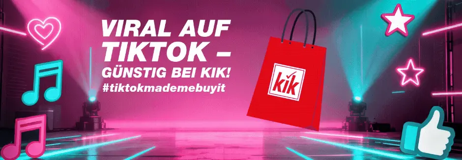 Eine Werbegrafik wo eine Kik-Einkaufstasche in der Luft schwebt vor einem blau pink schwarzen Hintergrund worauf steht: Viral auf Tiktok - Günstig bei KiK!