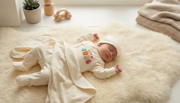 Baby in cremefarbenem Strampler liegt auf weicher Fellunterlage, daneben Decke und Holzspielzeug.