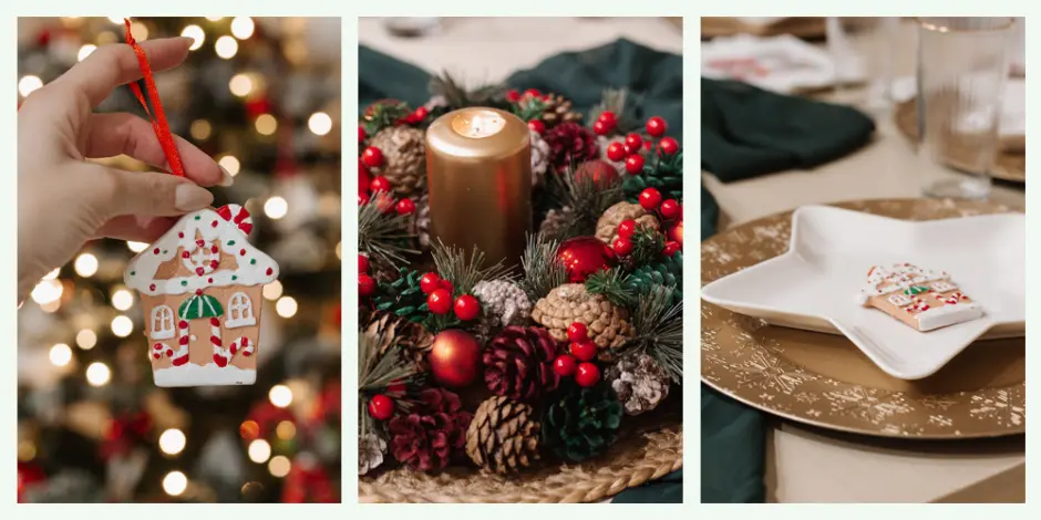 Eine festliche Auslage mit einem handgefertigten Lebkuchenhaus-Ornament, einem Kerzenaufsatz und einem sternförmigen Teller mit einem Lebkuchenkeks.
