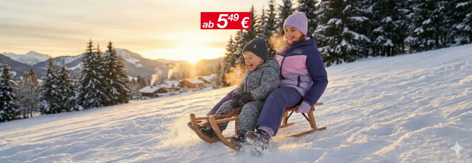 Zwei Kinder genießen es, bei Sonnenuntergang einen verschneiten Hügel hinunter zu rodeln, umgeben von Bäumen und einer malerischen Bergkulisse.