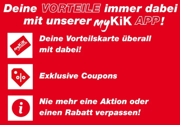 Rote Werbegrafik für die myKiK-App mit Vorteilen wie digitaler Kundenkarte, exklusiven Coupons und Erinnerungen an Rabatte.