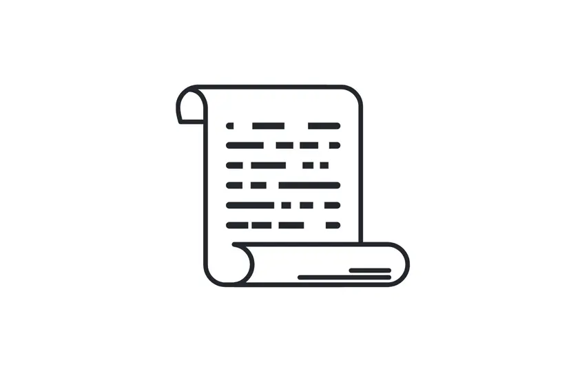 Schlichte Linienzeichnung einer Rolle mit Text – steht für historische Dokumente oder niedergeschriebene Aufzeichnungen.