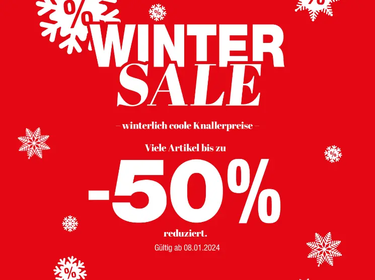 Rotes Werbebanner, das einen Winterschlussverkauf mit Rabatten von bis zu 50 % auf verschiedene Artikel 
