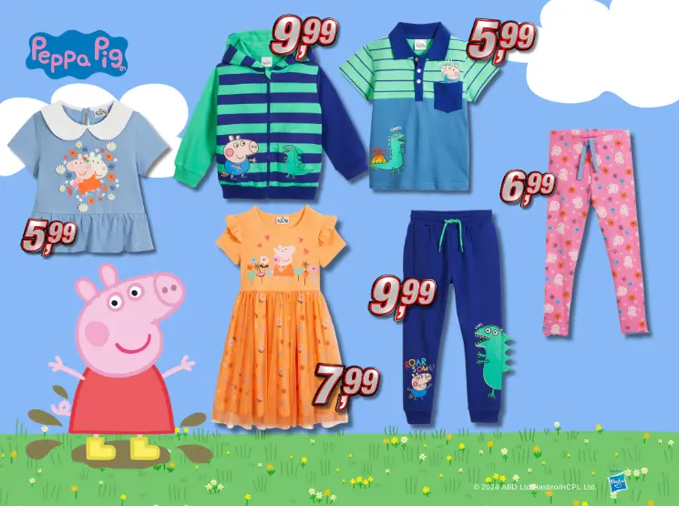Tauche in die zauberhafte Welt von Peppa Pig ein Peppa Wutz Kinderkleidung – T-Shirts, Kleider und Hosen mit Peppa Pig Motiven in verschiedenen Farben und Preisen