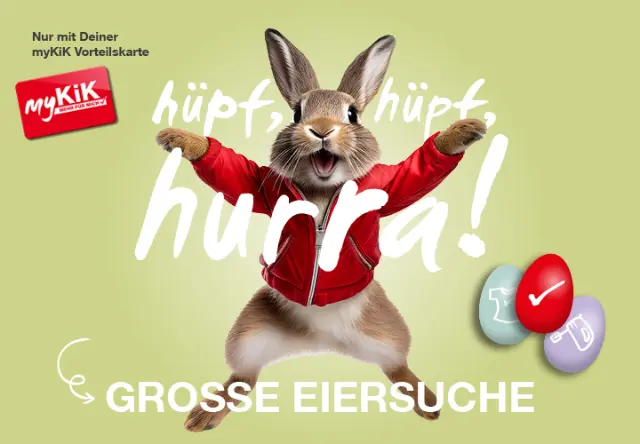 Ein fröhlicher Hase in einer roten Jacke feiert Ostern mit bunten Eiern und bewirbt eine Überraschungsrabatt-Aktion für Inhaber der myKiK-Karte.