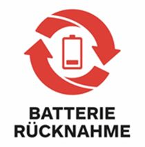 Symbol für Batterierücknahme mit Batterie und Kreispfeilen – Hinweis auf die Rückgabe und das Recycling von Altbatterien