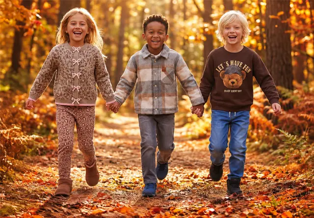 Kinder in herbstlichen Karo- und Strick-Outfits im Wald
