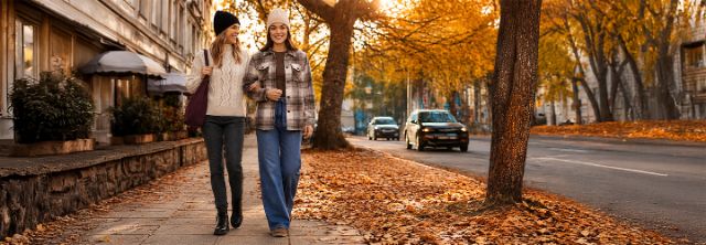 Herbstliche Strick-Outfits für Damen Damen in herbstlichen Strick-Outfits beim Stadtbummel