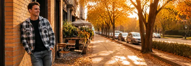 Herren Herbstoutfit mit Karohemd und Jeans in der Stadt