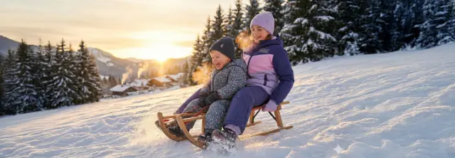 Eine Familie genießt einen verschneiten Park, gekleidet in Winterkleidung, und steht zusammen zwischen Bäumen und einer weißen Schneedecke