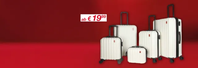 Vier weiße Handgepäckkoffer in verschiedenen Größen mit schwarzen Akzenten vor einem leuchtend roten Hintergrund.