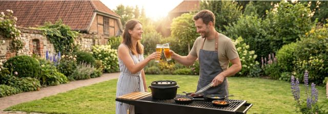 Ein Mann und eine Frau stoßen mit Gläsern an und stehen neben einem Grill in einem Garten mit Blumen, im Hintergrund ein Backsteinhaus.