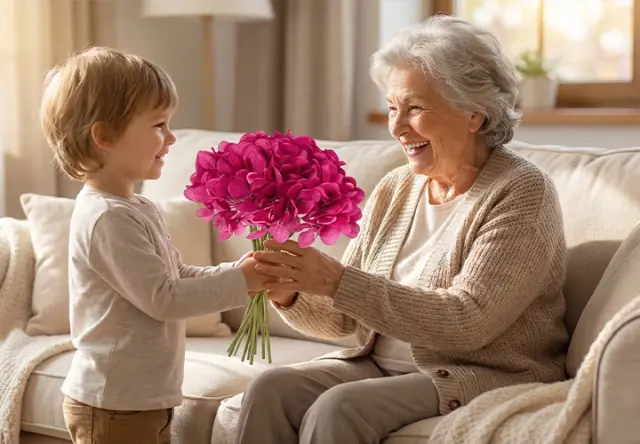 Ein kleines Kind überreicht einer älteren Frau einen Strauß leuchtend rosa Blumen. Beide sitzen auf einem gemütlichen Sofa in einem hellen Wohnzimmer.