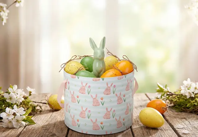 Ein dekorativer Korb voller bunter Ostereier und einer grünen Hasenfigur, umgeben von weißen Blumen auf einem Holztisch.
