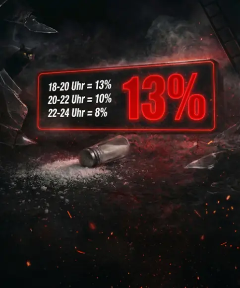 Neonreklame mit Rabattprozentsätzen für bestimmte Zeitfenster: 18–20 Uhr = 13 %, 20–22 Uhr = 10 %, 22 Uhr–Mitternacht = 8 %, mit verschüttetem Salz in der Nähe.