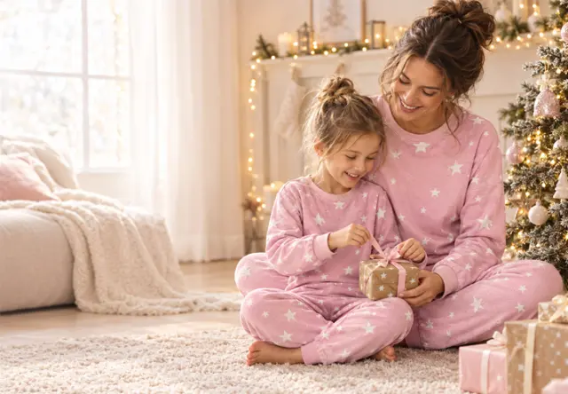 Mutter und Tochter tragen passende rosa Pyjamas mit Sternen und packen gemeinsam ein Weihnachtsgeschenk aus