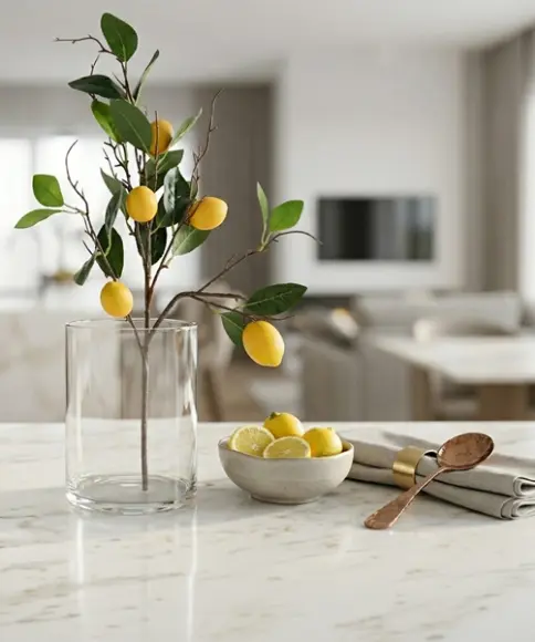 Dekorativer Zweig mit Zitronen in Glasvase – frischer Blickfang für natürliche und stilvolle Wohnakzente
