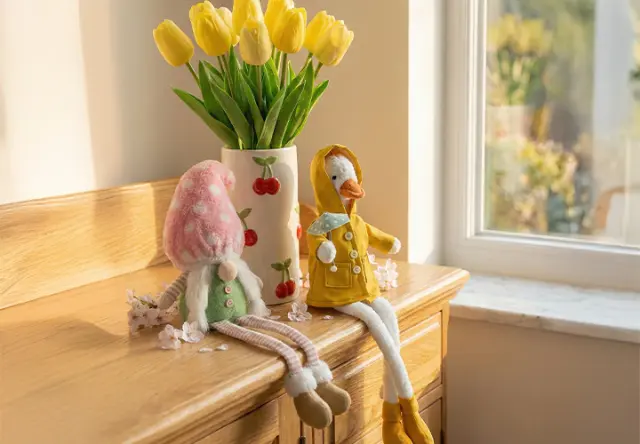 Zwei Stofffiguren sitzen auf einer Holzfläche neben einer Vase mit leuchtend gelben Tulpen. Die Szene ist hell und fröhlich.
