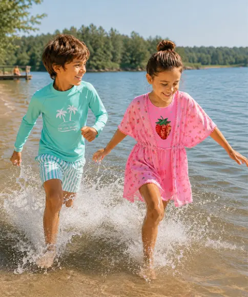 Zwei Kinder laufen lachend am Ufer eines Sees, das Mädchen trägt ein pinkes Kleid mit Erdbeermotiv, der Junge ein türkisfarbenes Shirt mit Palmenprint.