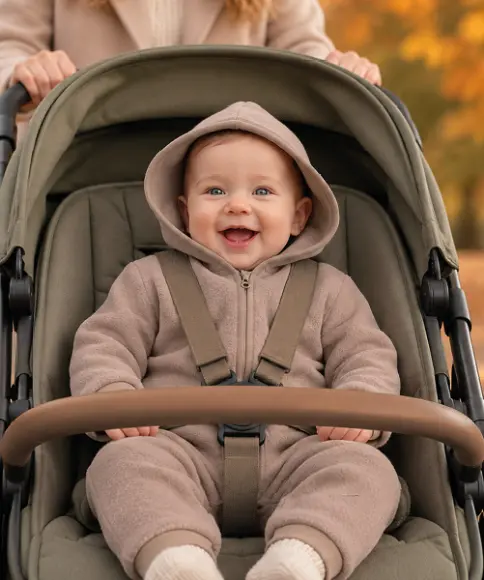 Baby in beigefarbenem Merinowolle-Overall mit Kapuze sitzt warm eingepackt im Kinderwagen
