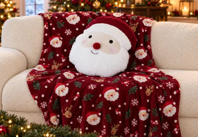 Cozy Home mit Wohnaccessoires Kuschelige rote Weihnachtsdecke mit Weihnachtsmann- und Rentiermotiven sowie rundem Weihnachtsmann-Kissen auf einem Sofa