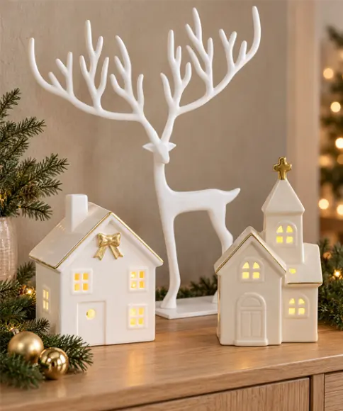Natürliche Weihnachtsdeko mit weißem Hirsch, beleuchteten Keramikhäusern, Tannenzweigen und goldenen Weihnachtskugeln